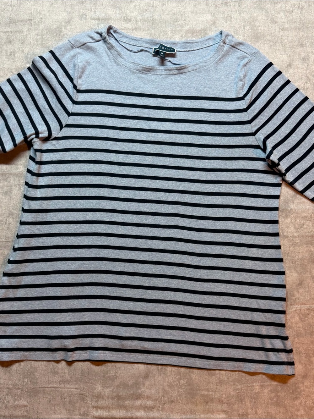 Karen Scott Women's 3X Plus Gray Black Striped Crew Neck 3/4 Sleeve Knit Top